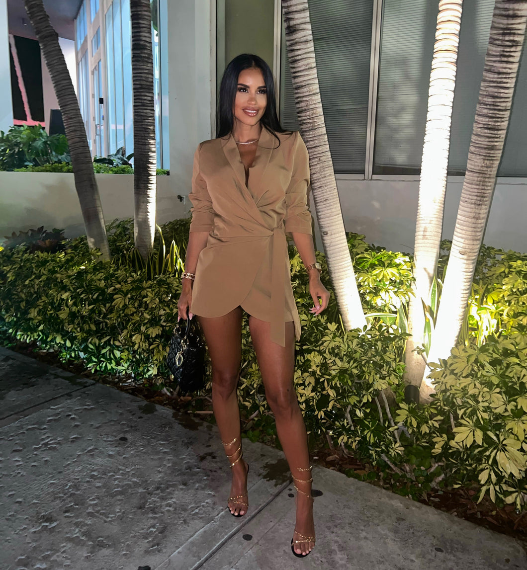 Camel Wrap Blazer Dress